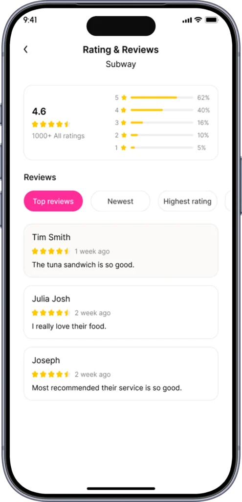 Restaurant reviews screen with star breakdown and customer comments