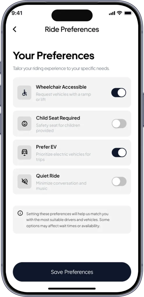 Ride preferences screen with wheelchair access, child seat, EV and quiet-ride toggles