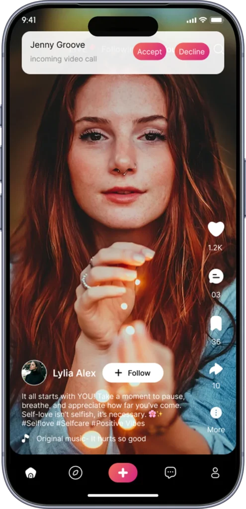 Incoming video call banner with accept and decline over the For You feed
