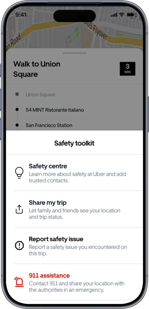 Safety toolkit sheet with safety centre, share my trip, report an issue and emergency assistance