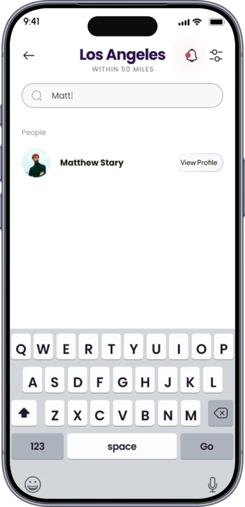 Search screen for finding profiles by name and interests