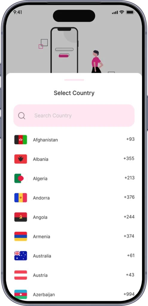 Searchable country dialling-code picker used during sign-up
