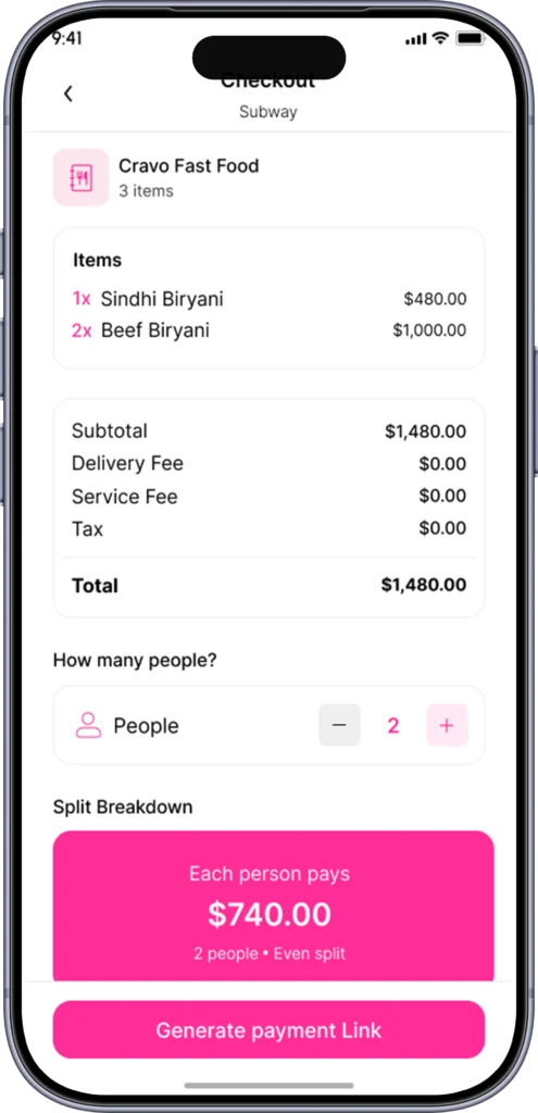 Checkout with split breakdown showing per-person amount and a generate payment link action