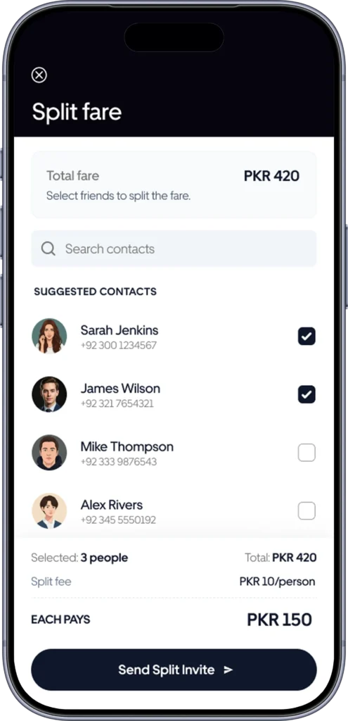 Split fare screen selecting contacts to share a trip cost with a per-person total