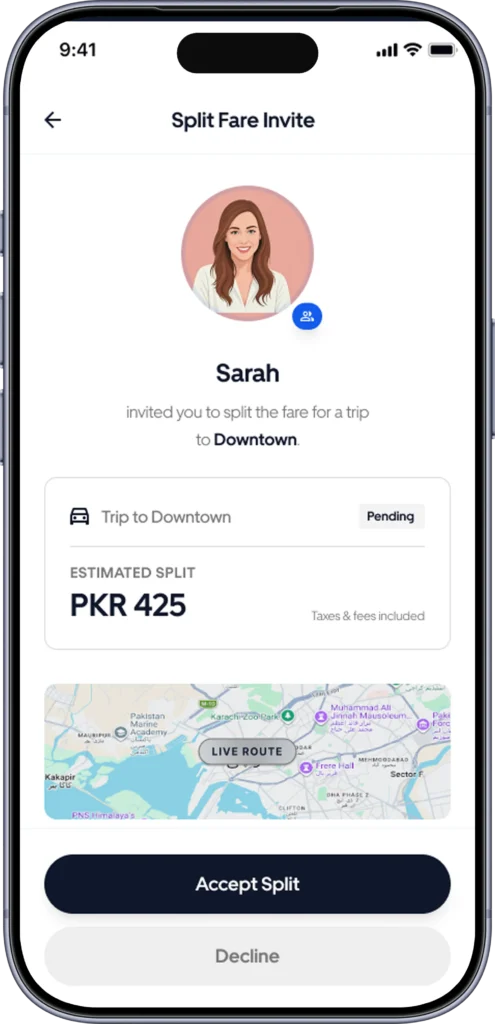 Incoming split fare invite with the estimated share, live route map, accept and decline