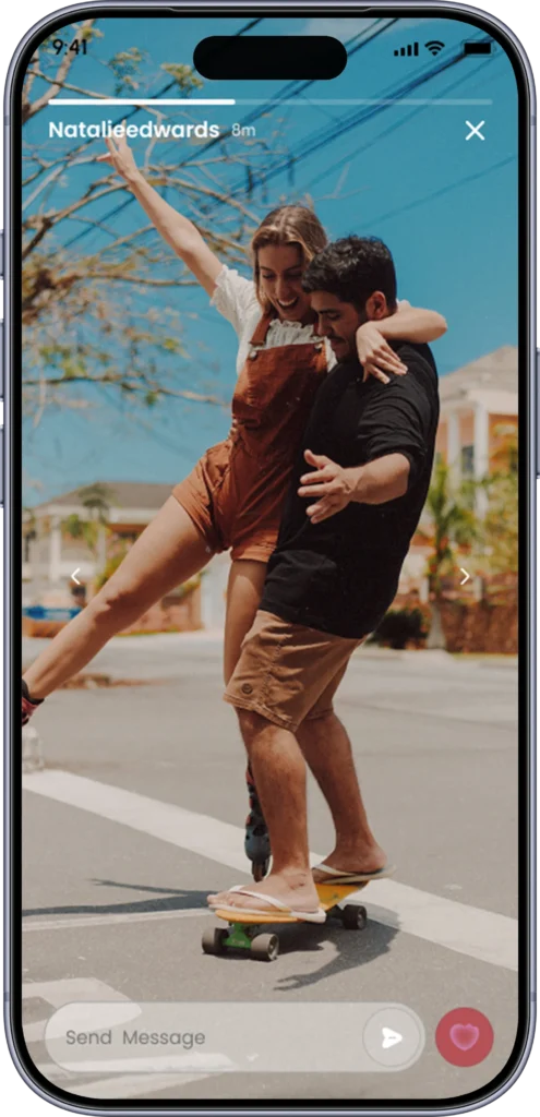 Full-screen story viewer with progress bars and a reply box