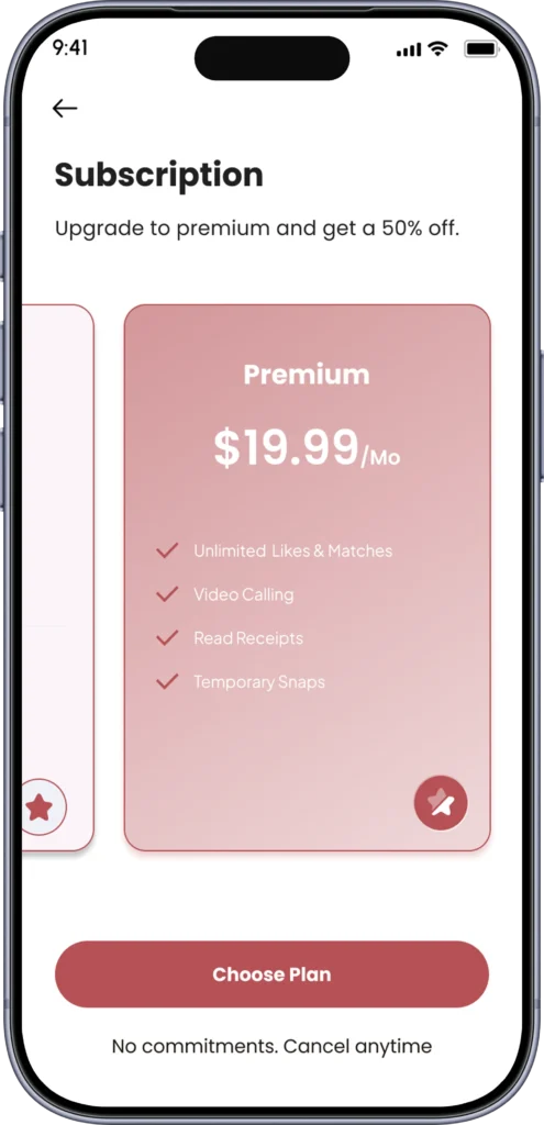 Subscription screen comparing premium tiers and their benefits