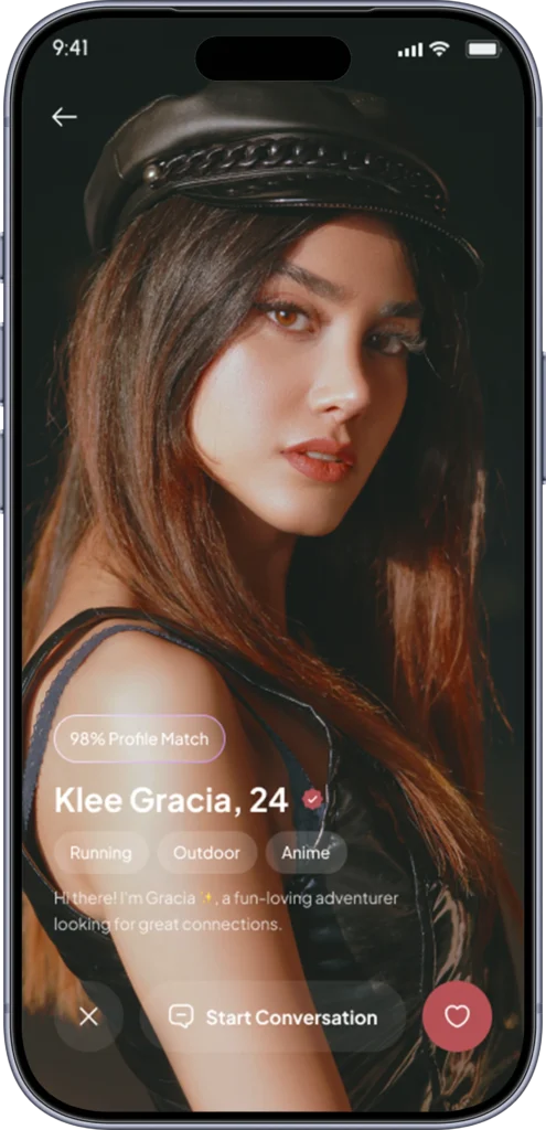 Dating app profile card with a compatibility score, interest tags and like or pass actions
