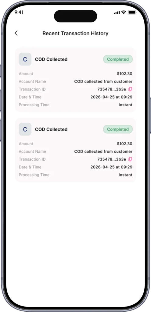 Rider transaction history listing earnings, tips and payouts