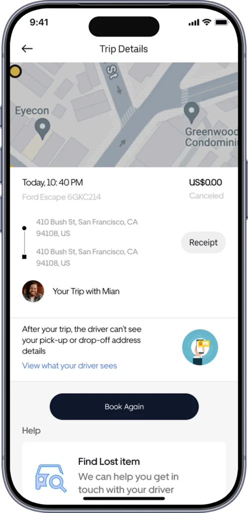Trip details screen with route map, fare breakdown, driver and receipt link