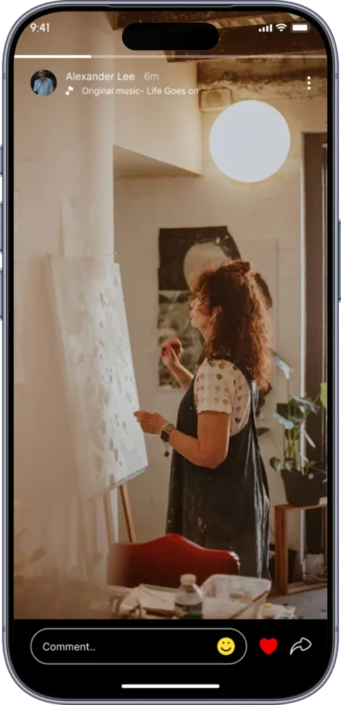 Full-screen story viewer with progress bars and reply controls
