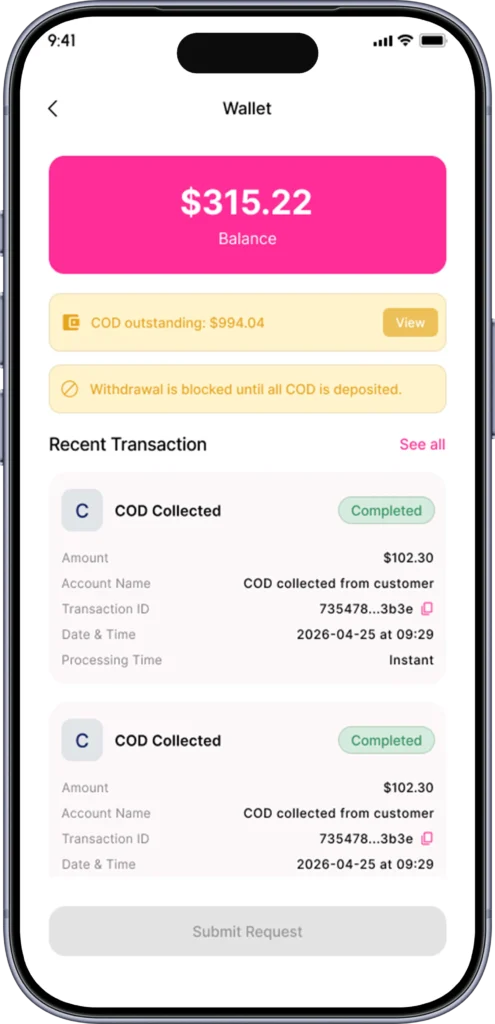 Rider wallet screen showing available balance and payout actions